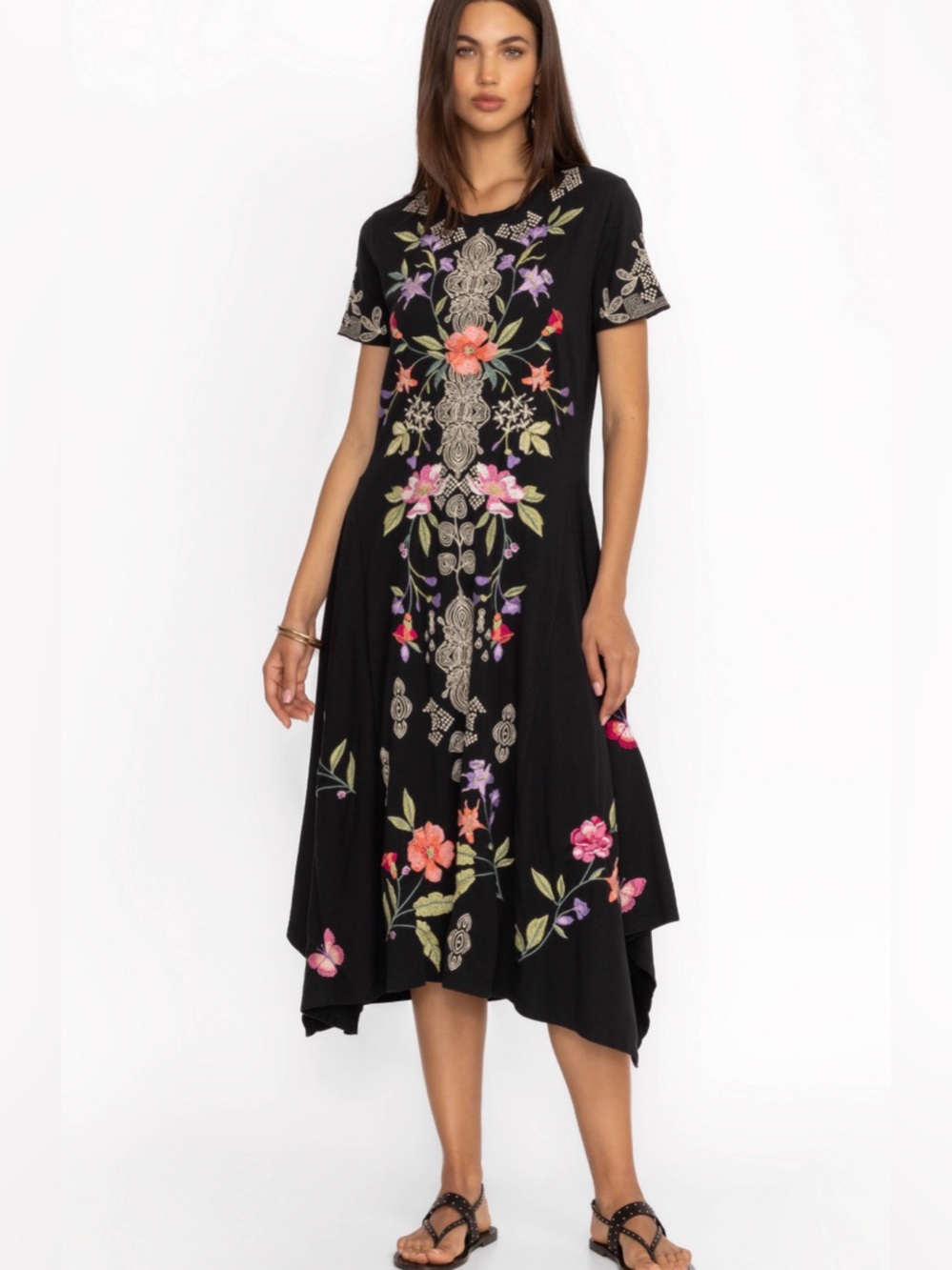 Johnny Was Size S • Handkerchief Black Embroidered Floral Midi T-Shirt Dress.
